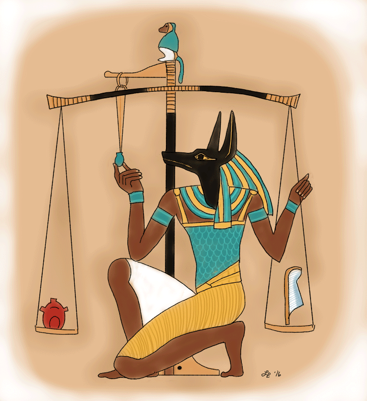 Anubis performing the weighing of the heart.